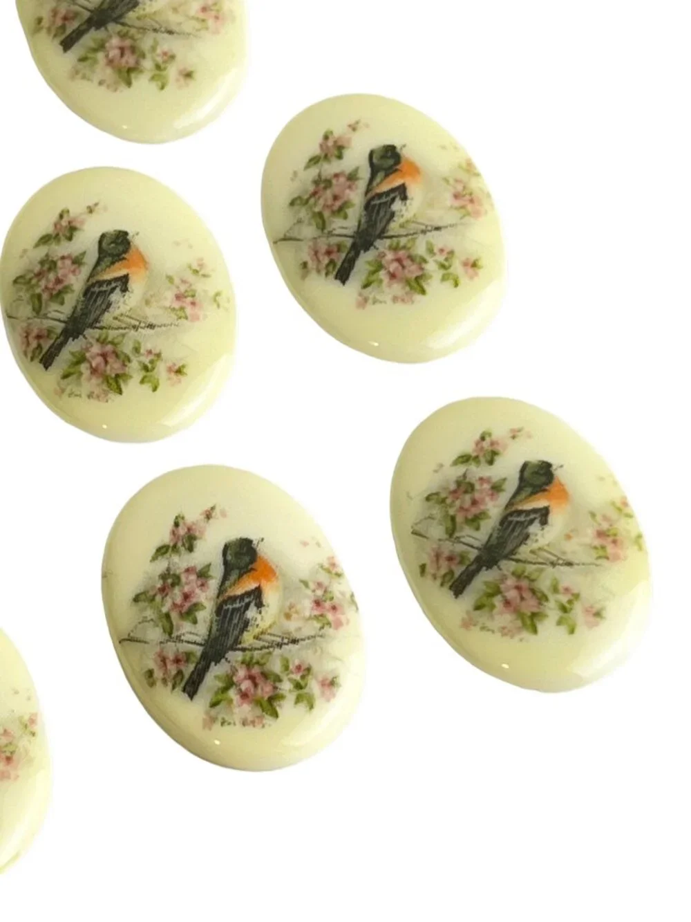 Vintage Style Litho Bird Acrylic Cabochons 25x18 mm - Destash Lot of 8